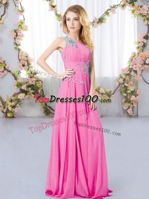 Sleeveless Floor Length Beading Zipper Bridesmaid Gown with Rose Pink