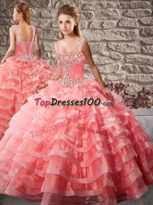 Organza Sleeveless Sweet 16 Dress Court Train and Beading and Ruffled Layers