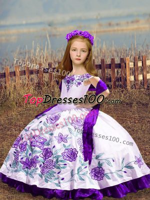 Satin Sleeveless Floor Length Little Girl Pageant Dress and Embroidery