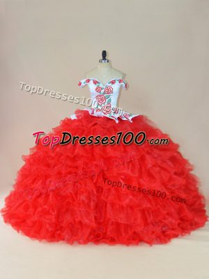 Affordable Lace Up Vestidos de Quinceanera White And Red for Sweet 16 and Quinceanera with Embroidery and Ruffles Brush Train