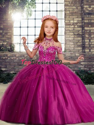 Fuchsia Sleeveless Floor Length Beading Lace Up Kids Formal Wear