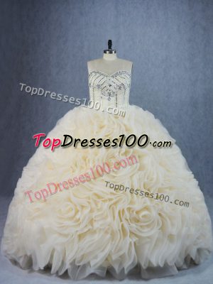 Custom Design Champagne Sleeveless Brush Train Beading and Ruffles 15 Quinceanera Dress