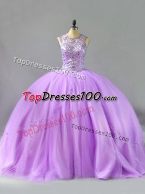 Simple Floor Length Lace Up Ball Gown Prom Dress Lavender for Sweet 16 and Quinceanera with Beading