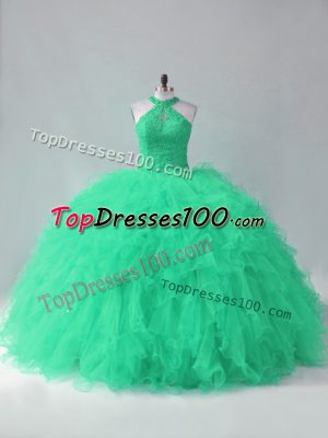 Turquoise Ball Gowns Beading and Ruffles 15 Quinceanera Dress Lace Up Tulle Sleeveless