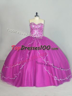 Low Price Fuchsia Sleeveless Tulle Brush Train Lace Up Quince Ball Gowns for Sweet 16 and Quinceanera