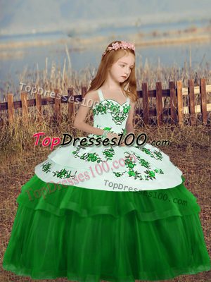 Fancy Straps Sleeveless Zipper Child Pageant Dress Green Tulle