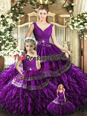 Purple Sleeveless Beading and Embroidery and Ruffles Floor Length Quinceanera Gowns