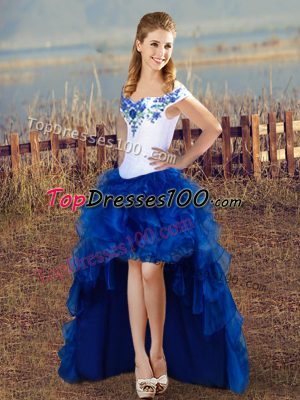 Comfortable Blue And White Organza Lace Up Pageant Dress Sleeveless High Low Embroidery