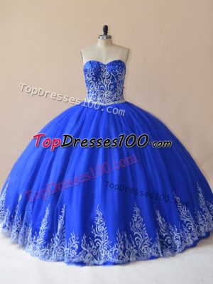 Eye-catching Royal Blue Lace Up Sweetheart Embroidery Vestidos de Quinceanera Tulle Sleeveless