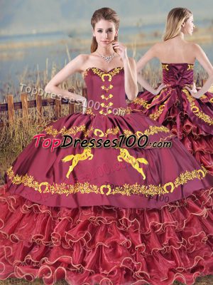 Exquisite Burgundy Satin and Organza Lace Up Sweetheart Sleeveless Quince Ball Gowns Brush Train Embroidery and Ruffled Layers