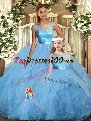 Designer Lace and Ruffles Sweet 16 Dress Baby Blue Backless Sleeveless Floor Length