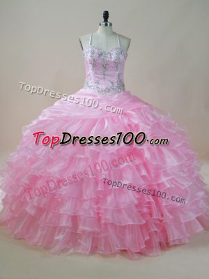 Floor Length Lace Up Sweet 16 Quinceanera Dress Baby Pink for Sweet 16 and Quinceanera with Embroidery and Ruffled Layers