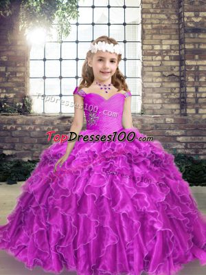 Modern Fuchsia Organza Lace Up Straps Sleeveless Floor Length Little Girls Pageant Gowns Beading and Ruffles