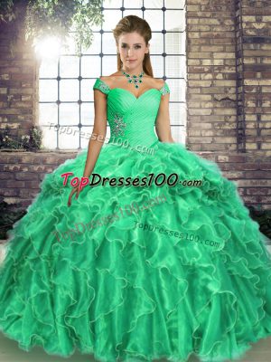 Lace Up Sweet 16 Dress Turquoise for Military Ball and Sweet 16 and Quinceanera with Beading and Ruffles Brush Train