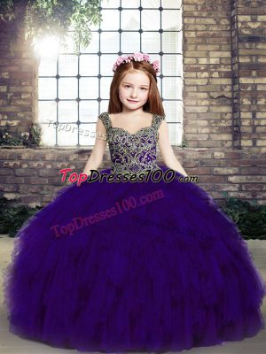 Tulle Straps Sleeveless Lace Up Beading Little Girl Pageant Dress in Purple