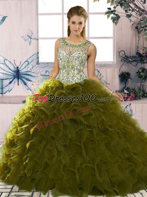 Ideal Olive Green Lace Up Quinceanera Dresses Beading and Ruffles Sleeveless Floor Length