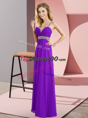 Purple Criss Cross Evening Dress Beading Sleeveless Floor Length