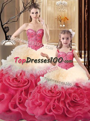 Multi-color Ball Gowns Sweetheart Sleeveless Fabric With Rolling Flowers Floor Length Lace Up Beading and Ruffles Sweet 16 Quinceanera Dress