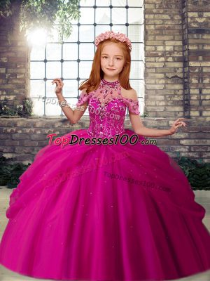 Glorious Sleeveless Tulle Floor Length Lace Up Little Girl Pageant Gowns in Fuchsia with Beading
