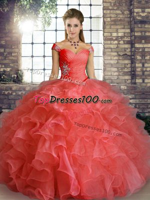 Off The Shoulder Sleeveless Quinceanera Dress Floor Length Beading and Ruffles Watermelon Red Organza