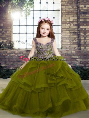 Straps Sleeveless Little Girl Pageant Dress Floor Length Beading and Ruffles Olive Green Organza