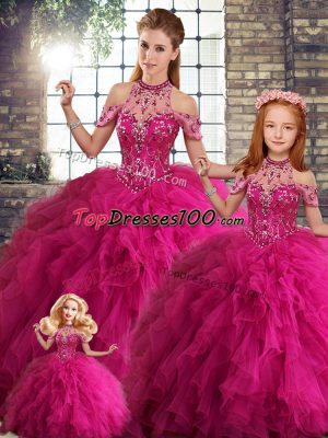 Best Halter Top Sleeveless Lace Up Quinceanera Dress Fuchsia Tulle