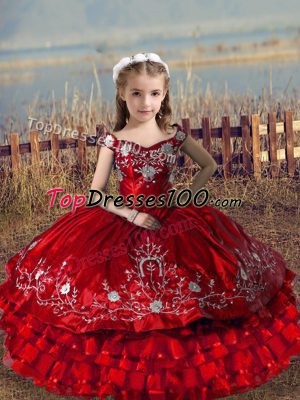 Red Lace Up Off The Shoulder Embroidery and Ruffled Layers Kids Pageant Dress Satin and Organza Sleeveless