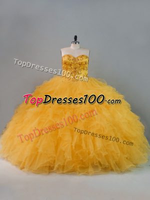 Unique Gold Sweetheart Neckline Beading and Ruffles Quince Ball Gowns Sleeveless Lace Up