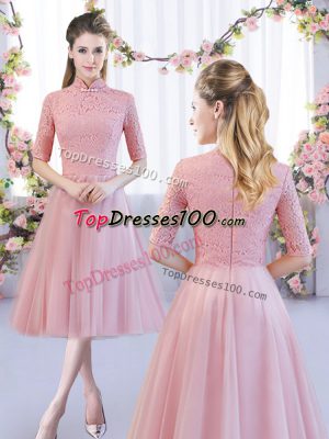 On Sale Half Sleeves Tea Length Lace Zipper Quinceanera Dama Dress with Pink