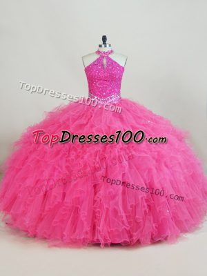 Hot Pink Sleeveless Tulle Lace Up Quinceanera Dresses for Sweet 16 and Quinceanera