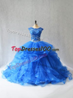 Hot Selling Royal Blue Tulle Lace Up Sweet 16 Quinceanera Dress Sleeveless Brush Train Beading and Lace