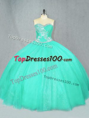 Top Selling Floor Length Lace Up 15 Quinceanera Dress Turquoise for Sweet 16 and Quinceanera with Beading
