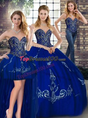 Beading and Embroidery Ball Gown Prom Dress Royal Blue Lace Up Sleeveless Floor Length