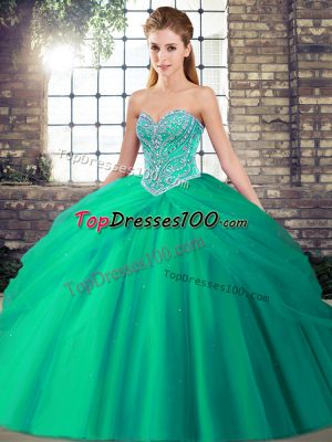 Turquoise Sleeveless Tulle Brush Train Lace Up Quince Ball Gowns for Military Ball and Sweet 16 and Quinceanera