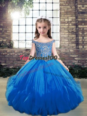 Excellent Floor Length Blue Little Girl Pageant Gowns Off The Shoulder Sleeveless Lace Up