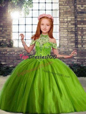 Enchanting Tulle Off The Shoulder Sleeveless Lace Up Beading Pageant Dresses in Olive Green