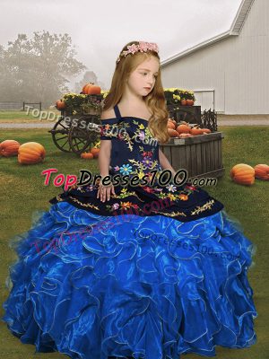 Best Blue Organza Lace Up Child Pageant Dress Sleeveless Floor Length Embroidery and Ruffles