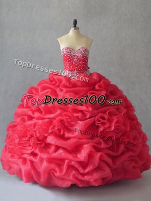 Pretty Coral Red Lace Up Sweetheart Sleeveless Floor Length Quinceanera Dress Beading and Pick Ups