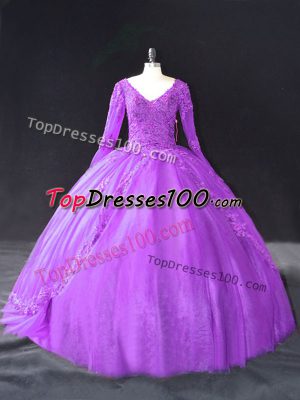 V-neck Long Sleeves Lace Up Quinceanera Dresses Purple Tulle