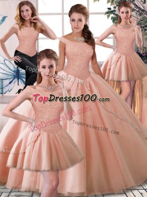 Ideal Tulle Sleeveless 15 Quinceanera Dress Brush Train and Beading