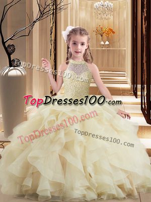 Affordable Light Yellow Sleeveless Tulle Brush Train Lace Up Pageant Gowns For Girls for Party and Sweet 16 and Wedding Party