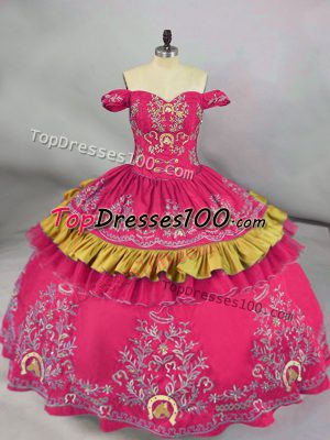 Free and Easy Hot Pink Lace Up Off The Shoulder Embroidery Quince Ball Gowns Satin Sleeveless