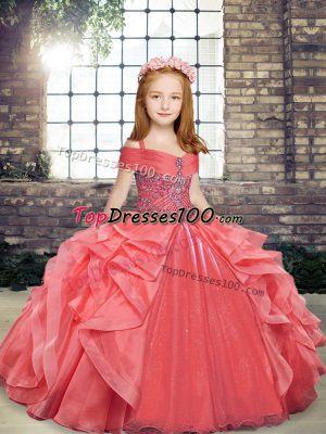 Trendy Floor Length Lace Up Little Girl Pageant Gowns Coral Red for Party and Military Ball and Wedding Party with Beading and Ruffles