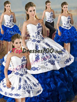 Artistic Embroidery and Ruffles 15 Quinceanera Dress Blue And White Lace Up Sleeveless Floor Length