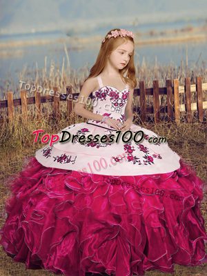 Best Hot Pink Organza Lace Up Evening Gowns Sleeveless Floor Length Embroidery and Ruffles