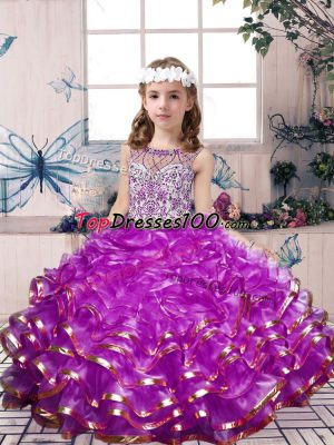 Perfect Lilac Organza Lace Up Scoop Sleeveless Floor Length Girls Pageant Dresses Beading and Ruffles