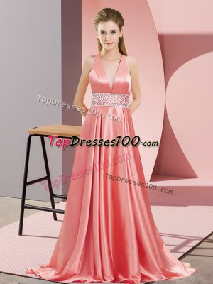 Elegant Watermelon Red Dress for Prom V-neck Sleeveless Brush Train Backless