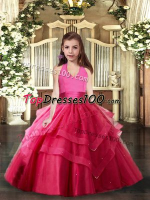 Customized Sleeveless Floor Length Ruffled Layers Lace Up Little Girls Pageant Dress with Hot Pink