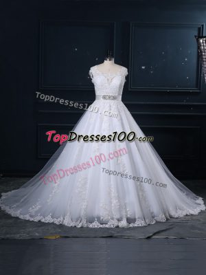 Cute White Tulle Zipper Bridal Gown Sleeveless Brush Train Beading and Lace
