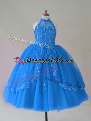 Popular Floor Length Blue Kids Formal Wear High-neck Sleeveless Lace Up